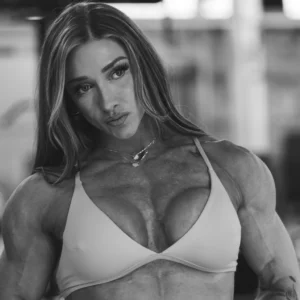 Muscular woman showcasing strength and determination